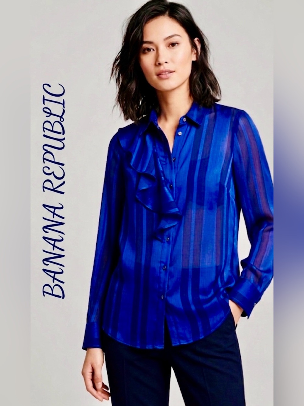 Banana Republic Dillon Shirt  Cobalt Blue Striped Ruffle Blouse Sheer Size S